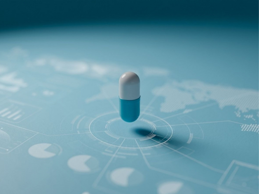 Floating capsule over clinical data graphics representing evidence-based natural erectile dysfunction treatments