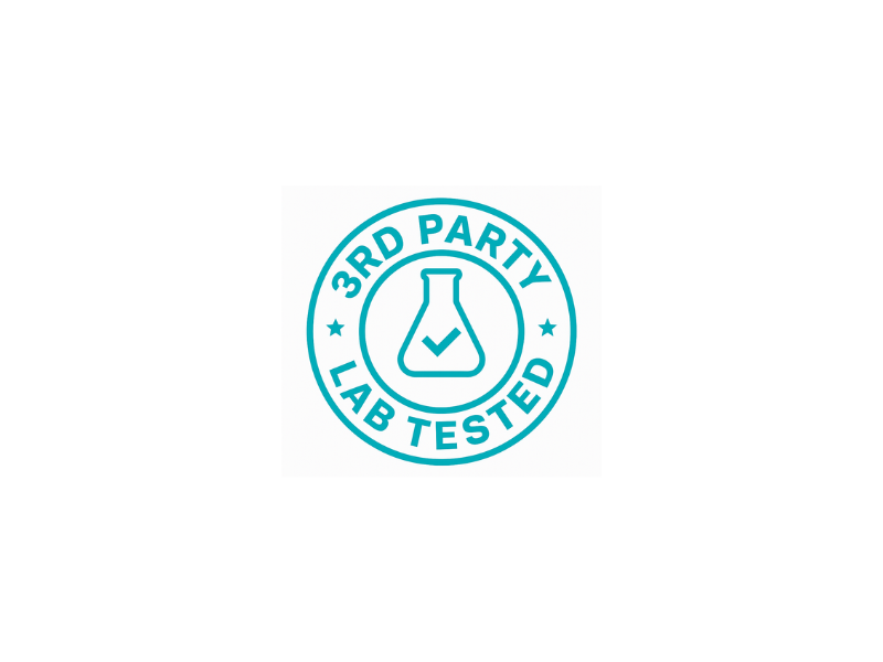 Blue circular 3rd Party Lab Tested certification badge with a checkmark inside a laboratory flask
