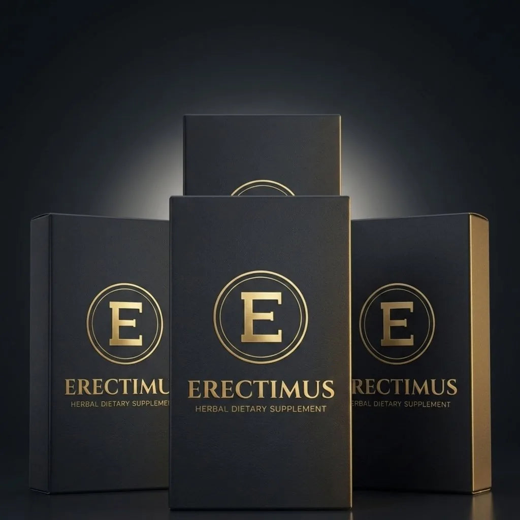 Four boxes of Erectimus plant-based herbal supplement for male sexual wellness, the Buy 3 Get 1 Free offer of 40 capsules