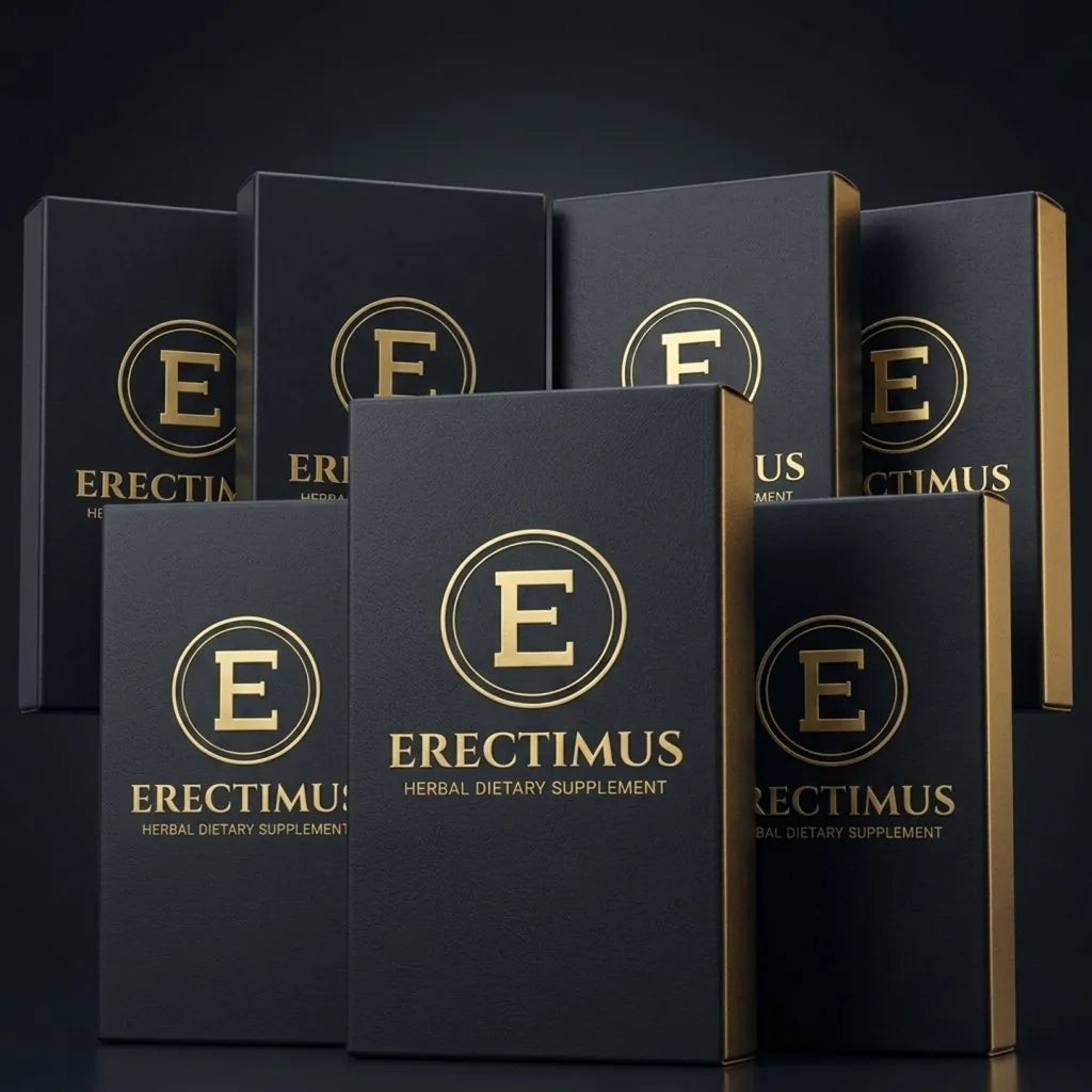 Seven boxes of Erectimus plant-based herbal supplement for male sexual wellness, the Buy 5 Get 2 Free offer of 70 capsules