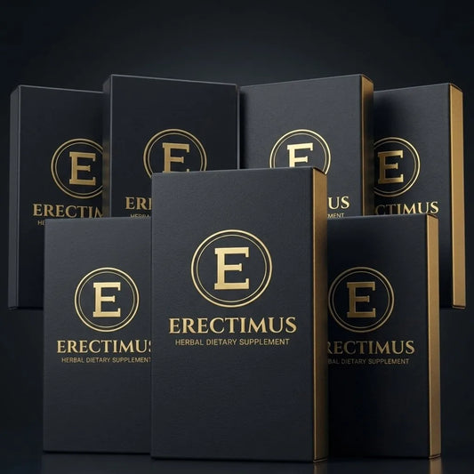 Seven boxes of Erectimus plant-based herbal supplement for male sexual wellness, the Buy 5 Get 2 Free offer of 70 capsules