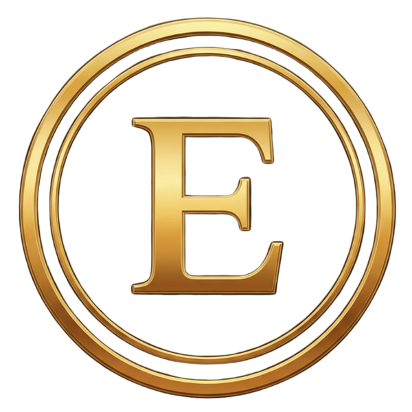 Erectimus gold circular emblem logo with serif letter E