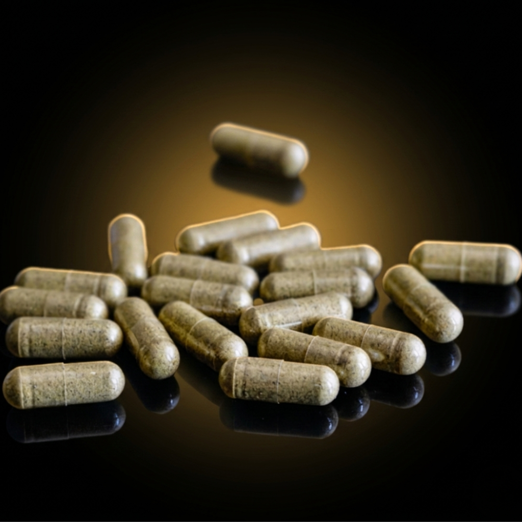 Erectimus plant-based herbal capsules for male sexual wellness on a black reflective surface