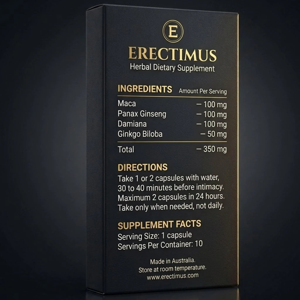 Erectimus supplement back panel showing the four-herb formula: Maca, Panax Ginseng, Damiana and Ginkgo Biloba