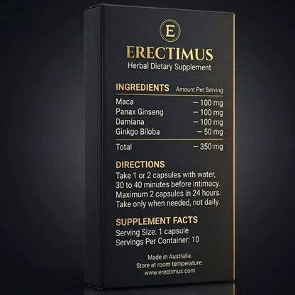 Erectimus supplement back panel showing the four-herb formula: Maca, Panax Ginseng, Damiana and Ginkgo Biloba